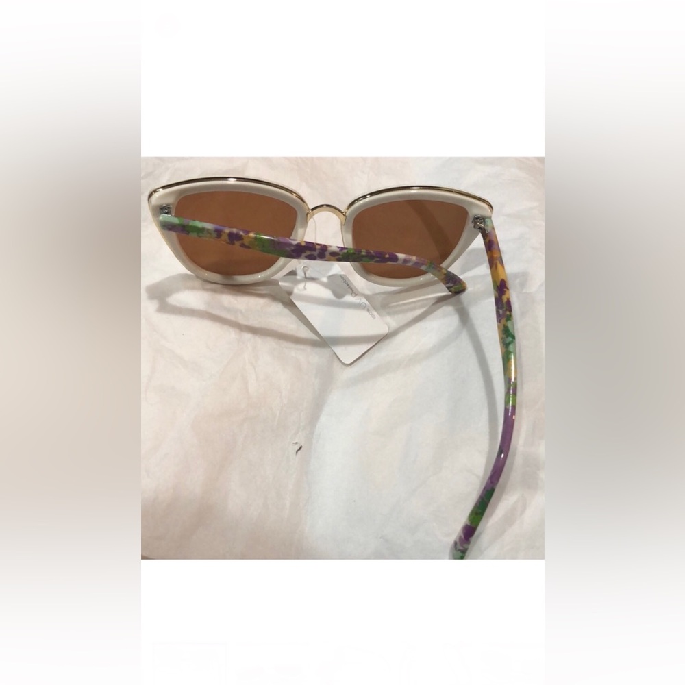 Purple green yellow floral print cream frame retro cat eye brown lens sunglasses